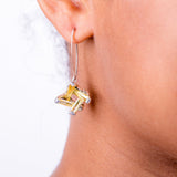 Mothers Day Gift, Square drop Earrings, 3D Yellow crystal dangle earrings set in Sterling Silver