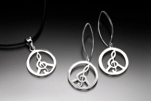 Peace Jewelry Set, Silver drop Earrings necklace Music inspired treble clef jewelry Handmade sterling silver power of love dangle earrings