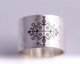 Papa Legba cuff wide leather bracelet Sterling silver handmade and engraved Legba veve. Great gift for man or woman adjustable closure.