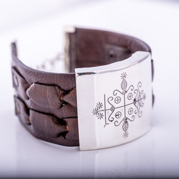 Papa Legba cuff wide leather bracelet Sterling silver handmade and engraved Legba veve. Great gift for man or woman adjustable closure.