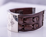 Papa Legba cuff wide leather bracelet Sterling silver handmade and engraved Legba veve. Great gift for man or woman adjustable closure.