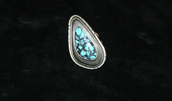 Bold Turquoise ring, Blue and Black Calypso Variscite gem stones, with recycled piano key in outer hand forged sterling silver etched rim