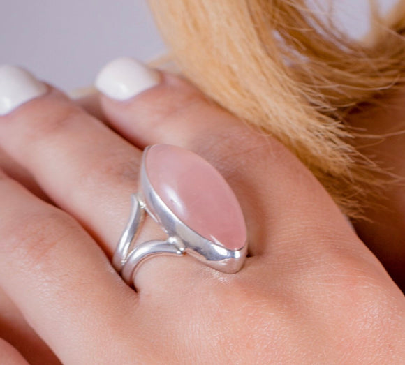 Rose Quartz Ring, Pink, Survivor ring, marquise shape gemstone, perfect for blush or boho wedding,Chester Allen one of a kind sized to order