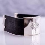 Papa Legba cuff, wide leather bracelet, Silver handmade engraved jewelry, Legba veve, gift for boyfriend, woman adjustable