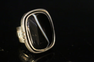 Mothers Day Gift, Silver Ring Black Stone Sardonyx August Birthstone Square outer shadowbox Stone of Strength Protection