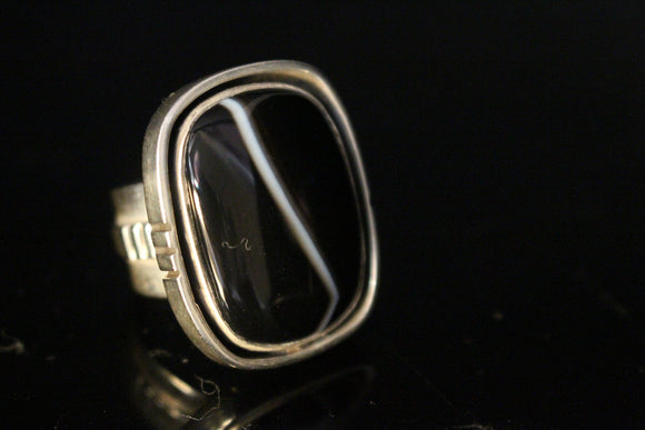 Mothers Day Gift, Silver Ring Black Stone Sardonyx August Birthstone Square outer shadowbox Stone of Strength Protection