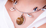 Bold Necklace Set, with Ammonite fossil, and silver cowrie shell accents, Unique Statement jewelry, Choker and cuff bracelet