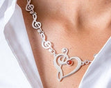 Bold Silver Necklace, heart Pendant, Gift for DJ,  Musical Love necklace, Graduation gift,