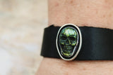 Mothers Day Gift Skull bracelet, labradorite jewelry, leather bracelet, gift for rocker, biker, goth, mystics and more