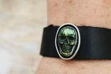 Skull bracelet, labradorite jewelry, leather bracelet, gift for rocker, biker, goth, mystics and more