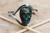 Mothers Day Gift Skull bracelet, labradorite jewelry, leather bracelet, gift for rocker, biker, goth, mystics and more
