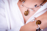 Bold Necklace Set, with Ammonite fossil, and silver cowrie shell accents, Unique Statement jewelry, Choker and cuff bracelet