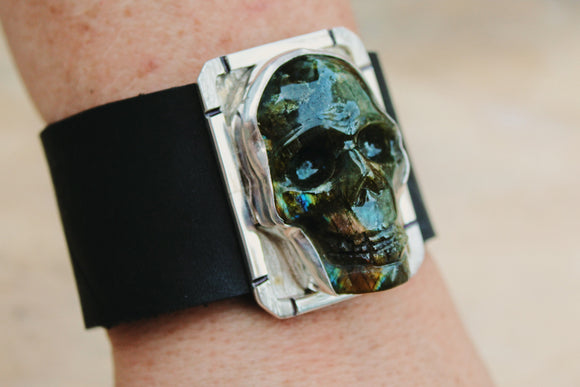 Mothers Day Gift Skull bracelet, labradorite jewelry, leather bracelet, gift for rocker, biker, goth, mystics and more