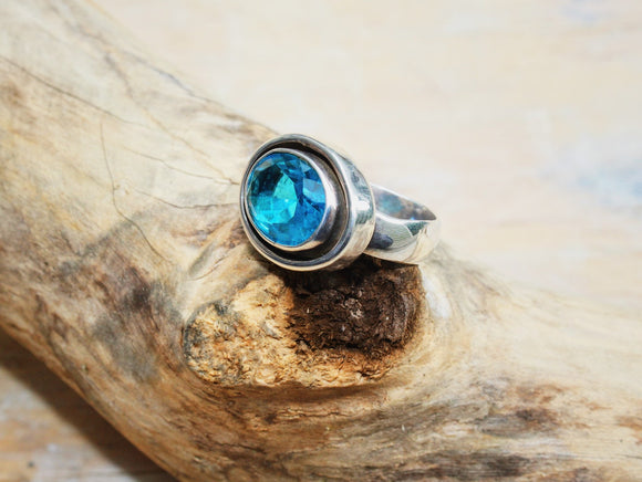 Statement ring, Blue topaz, Jewel of Love, Thick Silver band, East west oval stone, engagement ring, December birthstone