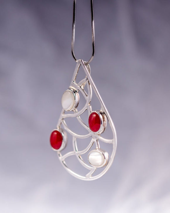 Red Coral and Mother of Pearl pendant set in sterling silver, modesty, wisdom, happiness, gift for mom