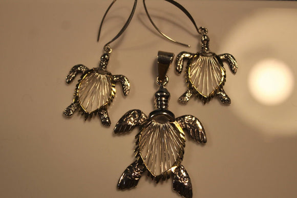 Mothers Day Gift, Turtle Jewelry set Necklace and earrings silver turtle great for two tone silver & Gold