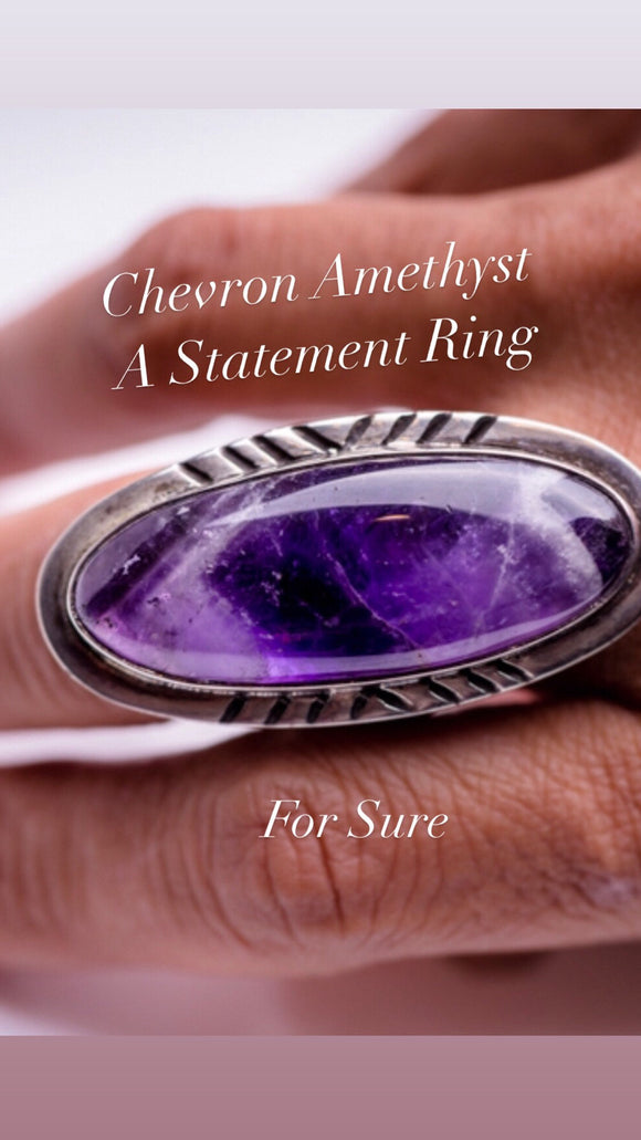 Purple Statement ring, Chevron amethyst oval gemstone stone ring, Gift for peace relaxation self discovery and healing