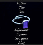 Purple ring, Solitaire sea glass ring, Square ring adjustable sterling silver band