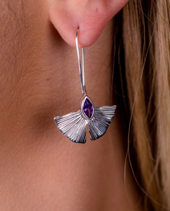 Ginkgo leaf earrings, Sterling silver  amethyst jewelry, Gift for her