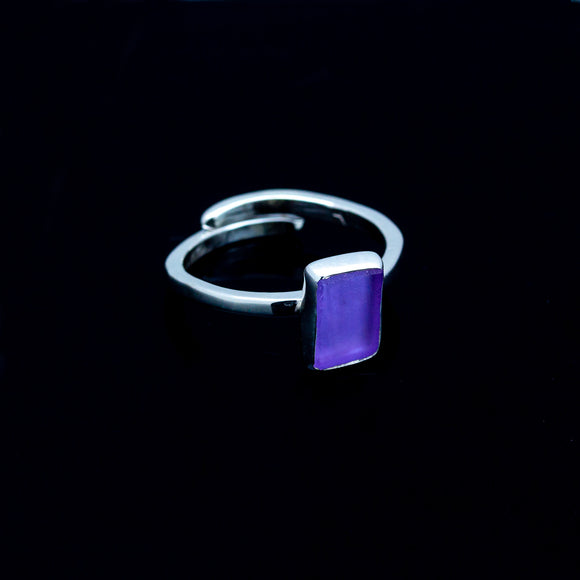 Purple ring, Solitaire sea glass ring, Square ring adjustable sterling silver band