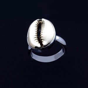 Silver gold ring, Sterling and brass cowrie shell ring hand made ring for men and women, jewelry, gift of wealth and fertility, kauri hindi