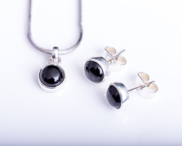Black onyx stud earrings and necklace set, Sterling silver round studs, men, children, and women, gift for goth