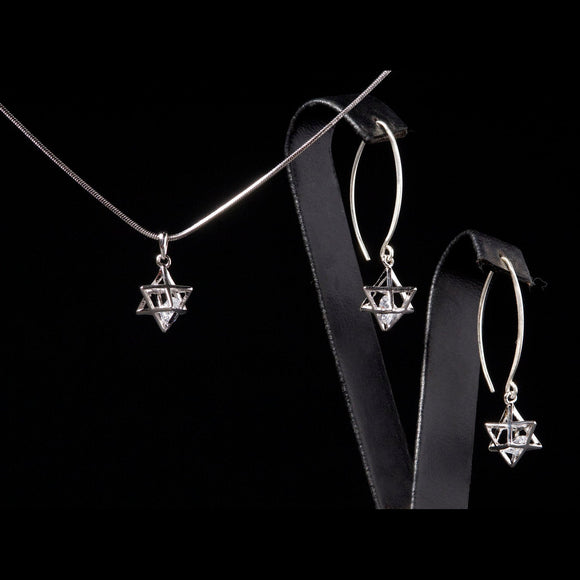 Merkaba star set Silver and floating crystal 3d star of David Earring and necklace set Yoga Jewish inspired gift