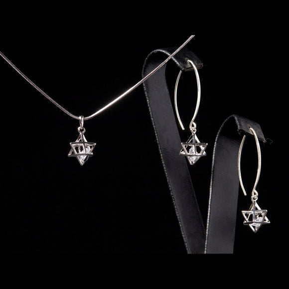 Merkaba jewelry set, Silver pendant with floating crystal, 3d star of David,  Earring and necklace set, Yoga and Jewish inspired gift