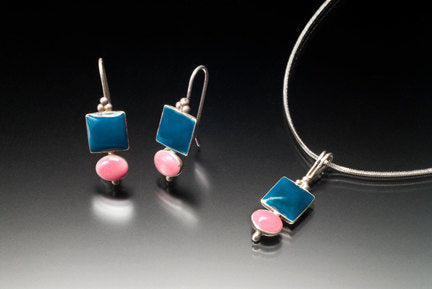 Mothers Day Gift, pink and green sterling silver geometric drop earring and pendant set