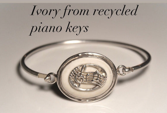 Silver bracelet,  Piano Key, handmade recycled ebony ivory hammered bangle,  New Orleans jewelry art,  music related gift