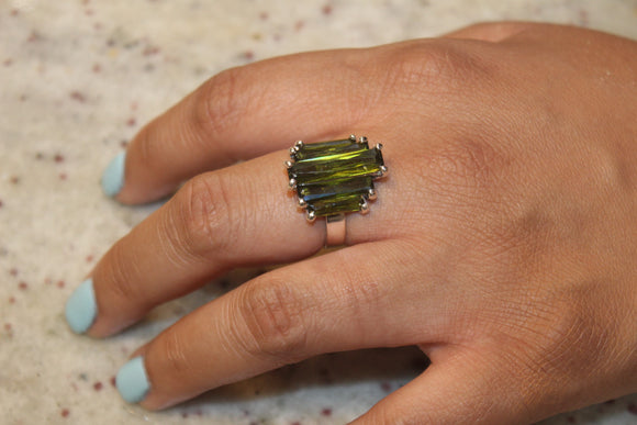 Silver green crystal Ring, August birthstone, Neutral Ground is Higher Ground Sterling statement Ring  New Orleans jewelry gift for her