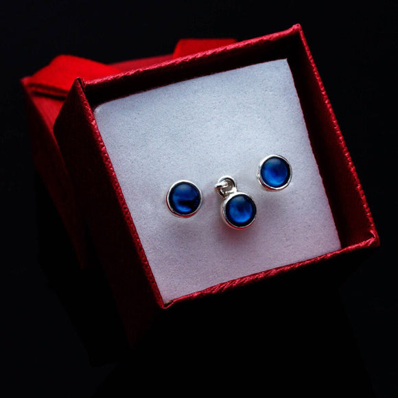 sapphire jewelry set, birthstone gift, dark blue stud earrings and charm set, September birthday gift