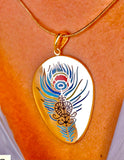 Unique Gold Necklace, Indigenous, cultural fusion, Oshun Goddess, Colorful enamel peacock for beauty