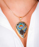 Unique Gold Necklace, Indigenous, cultural fusion, Oshun Goddess, Colorful enamel peacock for beauty