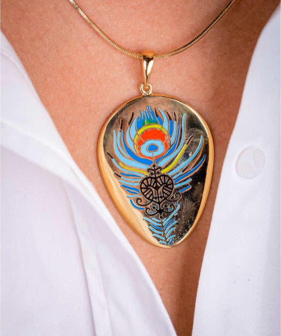 Unique Gold Necklace, Indigenous, cultural fusion, Oshun Goddess, Colorful enamel peacock for beauty