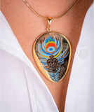 Unique Gold Necklace, Indigenous, cultural fusion, Oshun Goddess, Colorful enamel peacock for beauty