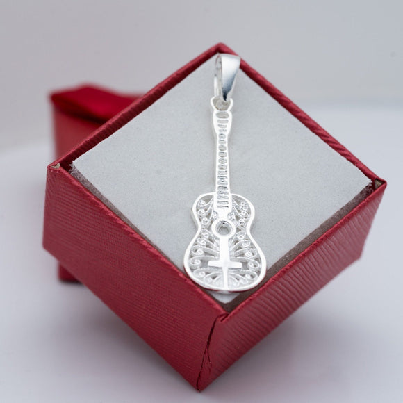 Acoustic guitar necklace, music jewelry gift, sterling silver pendant