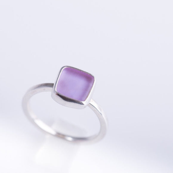 Sea glass ring, Square purple ring, beach comer gift, Beach glass jewelry, birthday day gift for her, vacay memories, pinky ring