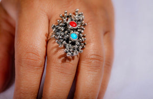 Statement ring, Artsy gemstone ring for her, December birthstone, Turquoise and coral ring