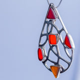 Unique Sea glass necklace, Mothers Day Gift, Handmade Silver pendant teardrop shape with red, orange and yellow beach glass, gift for her