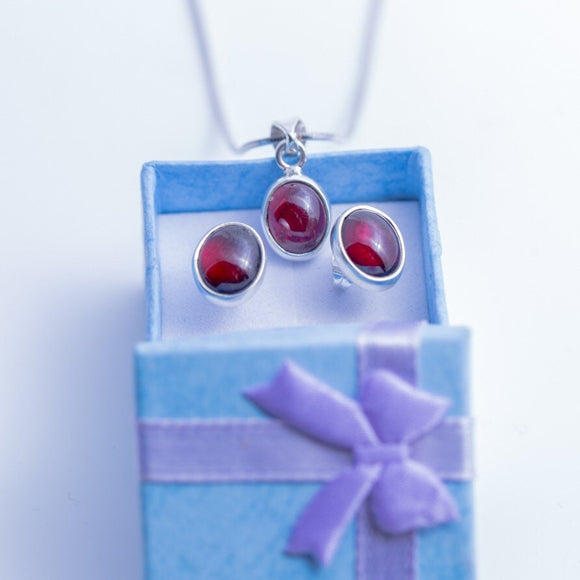 Oval Garnet post earring and necklace set, stone for love, Valentines Day Gift, January birthstone, Red Gemstone Jewelry set