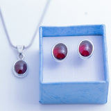 Oval Garnet post earring and necklace set, stone for love, Valentines Day Gift, January birthstone, Red Gemstone Jewelry set