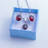 Oval Garnet post earring and necklace set, stone for love, Valentines Day Gift, January birthstone, Red Gemstone Jewelry set