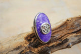 Purple Om ring, sterling silver, meditation jewelry, Hindu symbol, aum symbol, call to the universe, seed mantra, connects 7th crown chakra