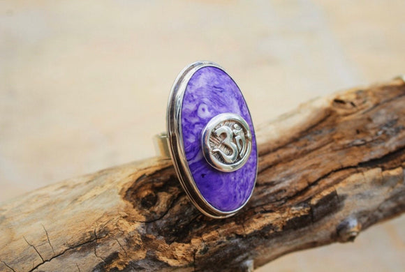 Purple Om ring, meditation jewelry, Hindu symbol, aum symbol, call to the universe, seed mantra, connects to 7th or crown chakra