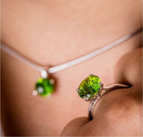 Green crystal ring, silver solitaire peridot color faceted ring, gift for her