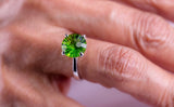 Green crystal ring, silver solitaire peridot color faceted ring, gift for her