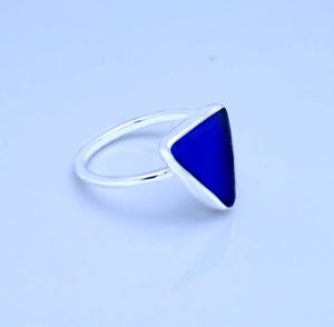 Sea glass ring, size 7, Triangle cobalt blue glass, great gift for friend, Blue seaglass mermaid ring, beach glass