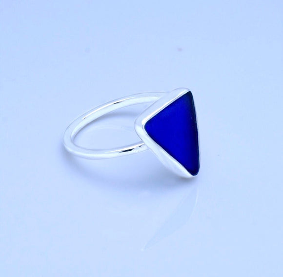 Sea glass ring, size 7, Triangle cobalt blue glass, great gift for friend, Blue seaglass mermaid ring, beach glass
