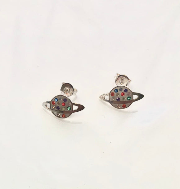 Saturn stud earrings, Planet earrings, sterling silver